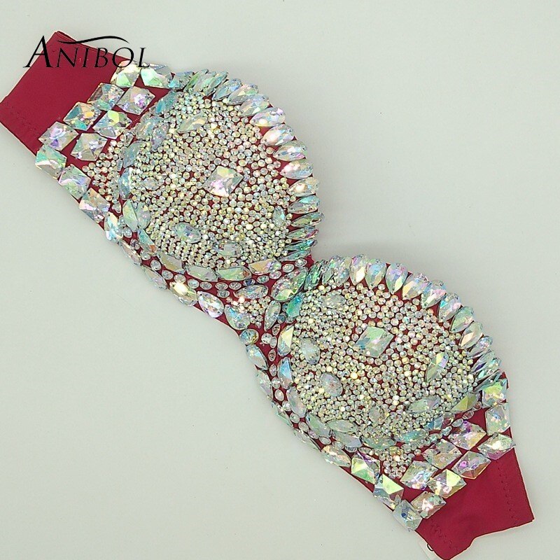 Luxury Rhinestone Bikini Bra Crystal Diamond Women Swimsuit Push Up Gathered Sexy Jewelry Swimwear Tops Red