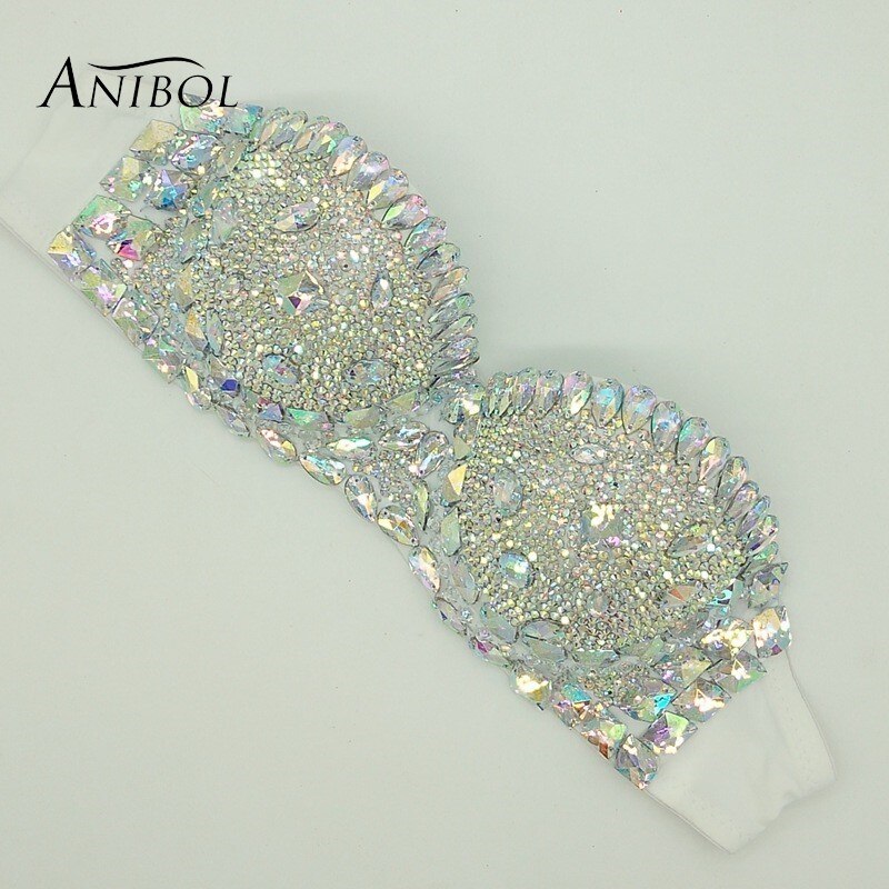 Luxury Rhinestone Bikini Bra Crystal Diamond Women Swimsuit Push Up Gathered Sexy Jewelry Swimwear Tops White