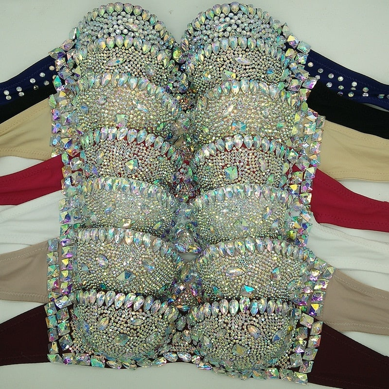Luxury Rhinestone Bikini Bra Crystal Diamond Women Swimsuit Push Up Gathered Sexy Jewelry Swimwear Tops
