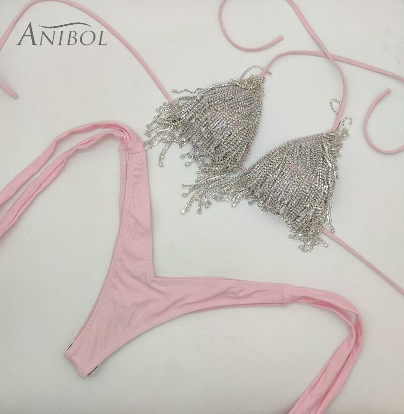 Luxury Rhinestone Bikini Crystal Diamond Women Swimwear Tassels Chain Ripped Slim Denim Shorts With Swimsuit Bra Pink