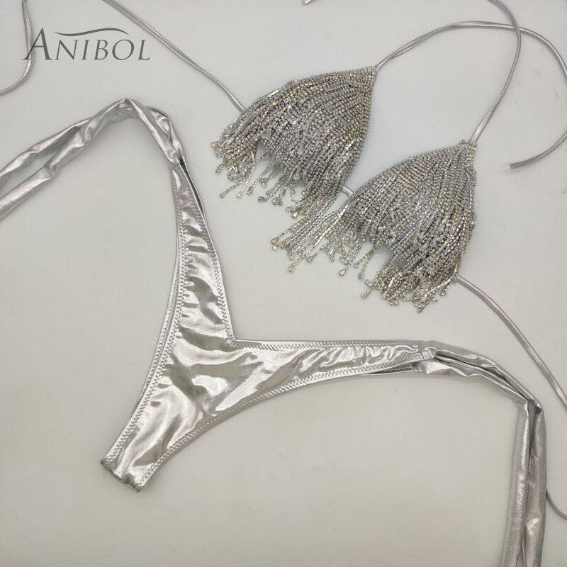 Luxury Rhinestone Bikini Crystal Diamond Women Swimwear Tassels Chain Ripped Slim Denim Shorts With Swimsuit Bra Silver