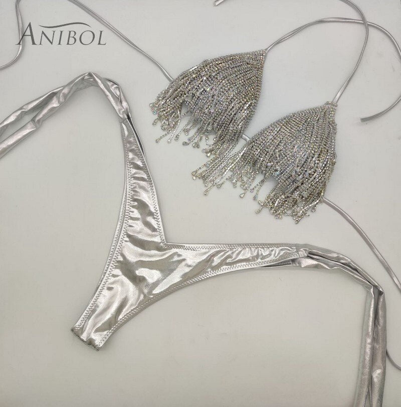 Luxury Rhinestone Bikini Crystal Diamond Women Swimwear Tassels Chain Ripped Slim Denim Shorts With Swimsuit Bra Silver