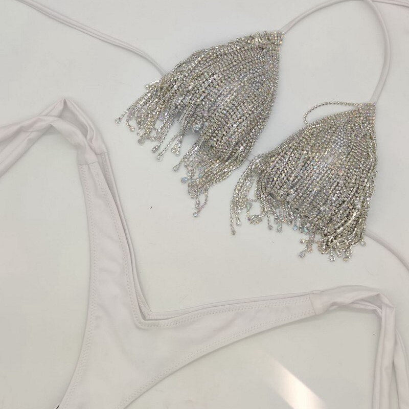 Luxury Rhinestone Bikini Crystal Diamond Women Swimwear Tassels Chain Ripped Slim Denim Shorts With Swimsuit Bra White
