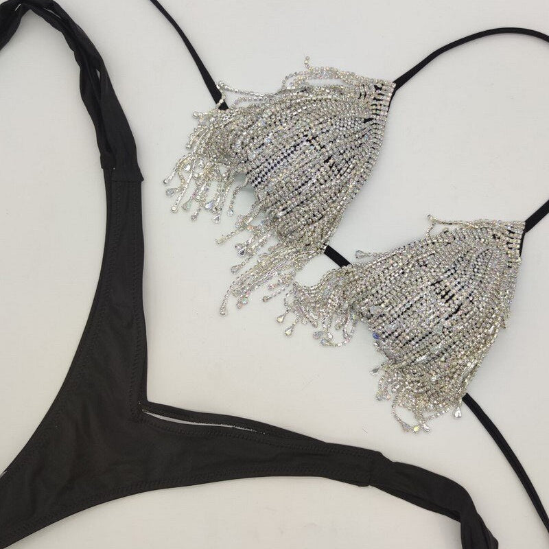 Luxury Rhinestone Bikini Crystal Diamond Women Swimwear Tassels Chain Ripped Slim Denim Shorts With Swimsuit Bra Black