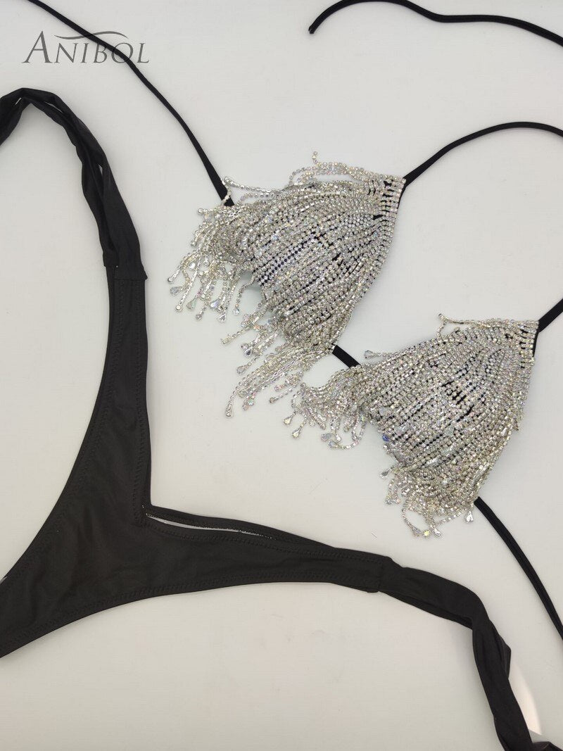 Luxury Rhinestone Bikini Crystal Diamond Women Swimwear Tassels Chain Ripped Slim Denim Shorts With Swimsuit Bra Black