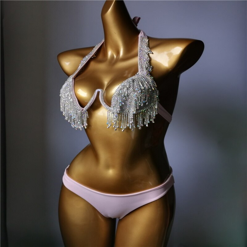 Luxury Rhinestone Bikini Sexy Push Up Crystal Diamond Tassels Women's Swimsuit 2024 Spring High-End Ladies Swimwear
