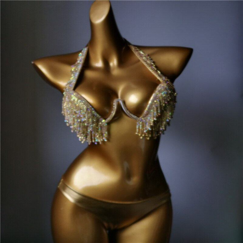 Luxury Rhinestone Bikini Sexy Push Up Crystal Diamond Tassels Women's Swimsuit 2024 Spring High-End Ladies Swimwear Gold