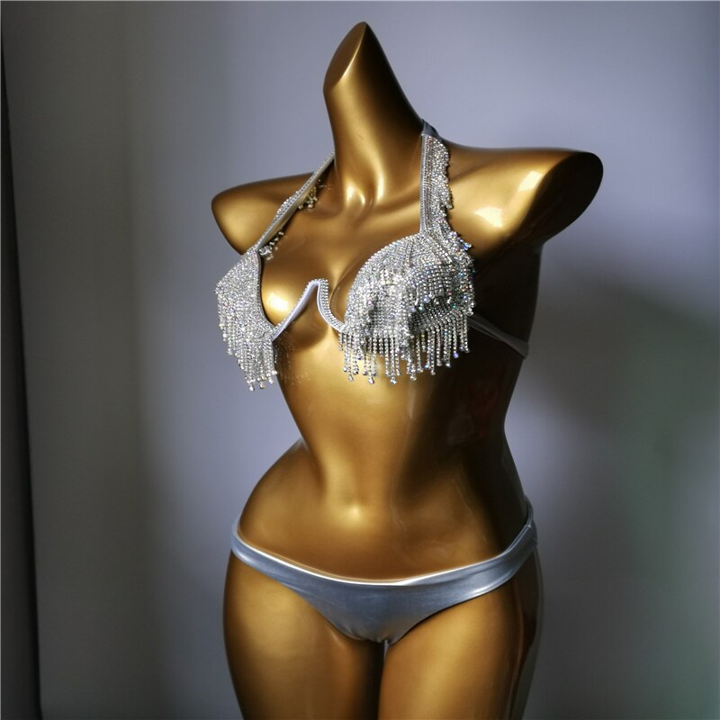 Luxury Rhinestone Bikini Sexy Push Up Crystal Diamond Tassels Women's Swimsuit 2024 Spring High-End Ladies Swimwear