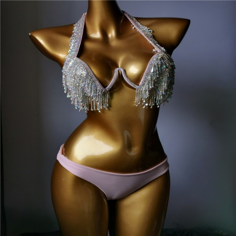 Luxury Rhinestone Bikini Sexy Push Up Crystal Diamond Tassels Women's Swimsuit 2024 Spring High-End Ladies Swimwear Pink