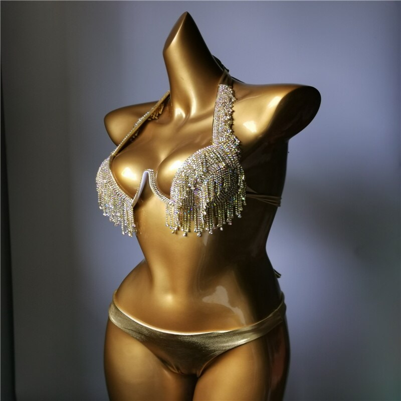 Luxury Rhinestone Bikini Sexy Push Up Crystal Diamond Tassels Women's Swimsuit 2024 Spring High-End Ladies Swimwear