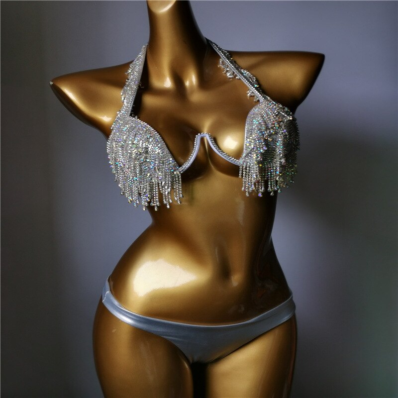 Luxury Rhinestone Bikini Sexy Push Up Crystal Diamond Tassels Women's Swimsuit 2024 Spring High-End Ladies Swimwear Silver