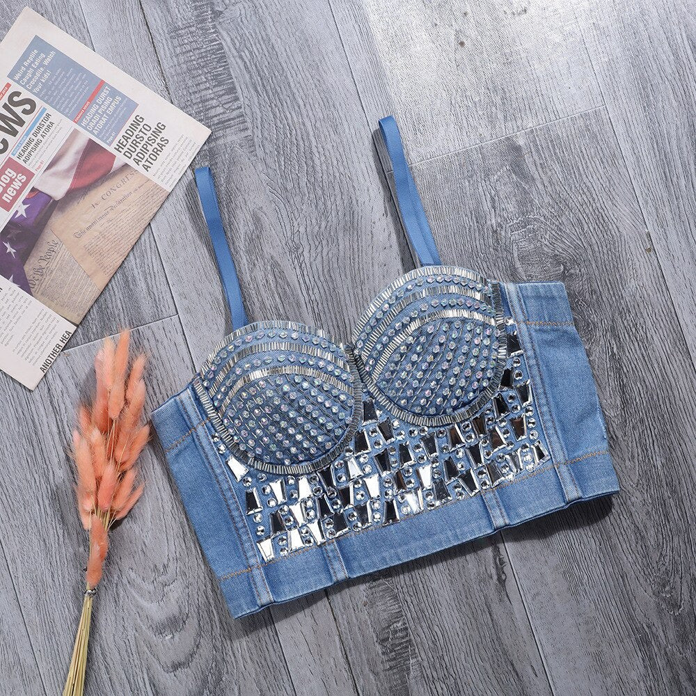 Luxury Rhinestone Denim Corset Fashion Outerwear Beaded Sculpting Camisole Elegant Crystal Diamond Women Underwear Vest