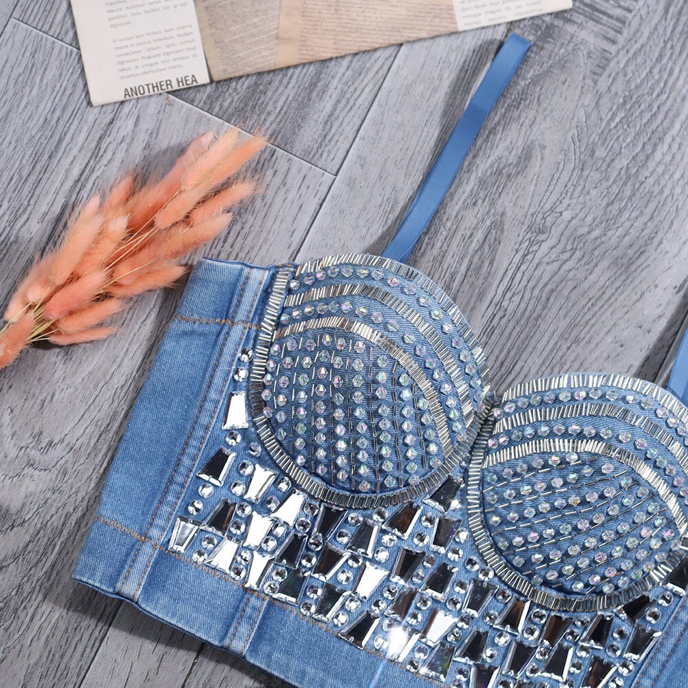 Luxury Rhinestone Denim Corset Fashion Outerwear Beaded Sculpting Camisole Elegant Crystal Diamond Women Underwear Vest