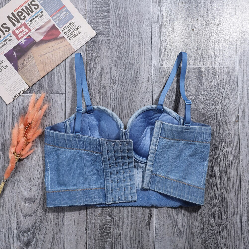 Luxury Rhinestone Denim Corset Fashion Outerwear Beaded Sculpting Camisole Elegant Crystal Diamond Women Underwear Vest