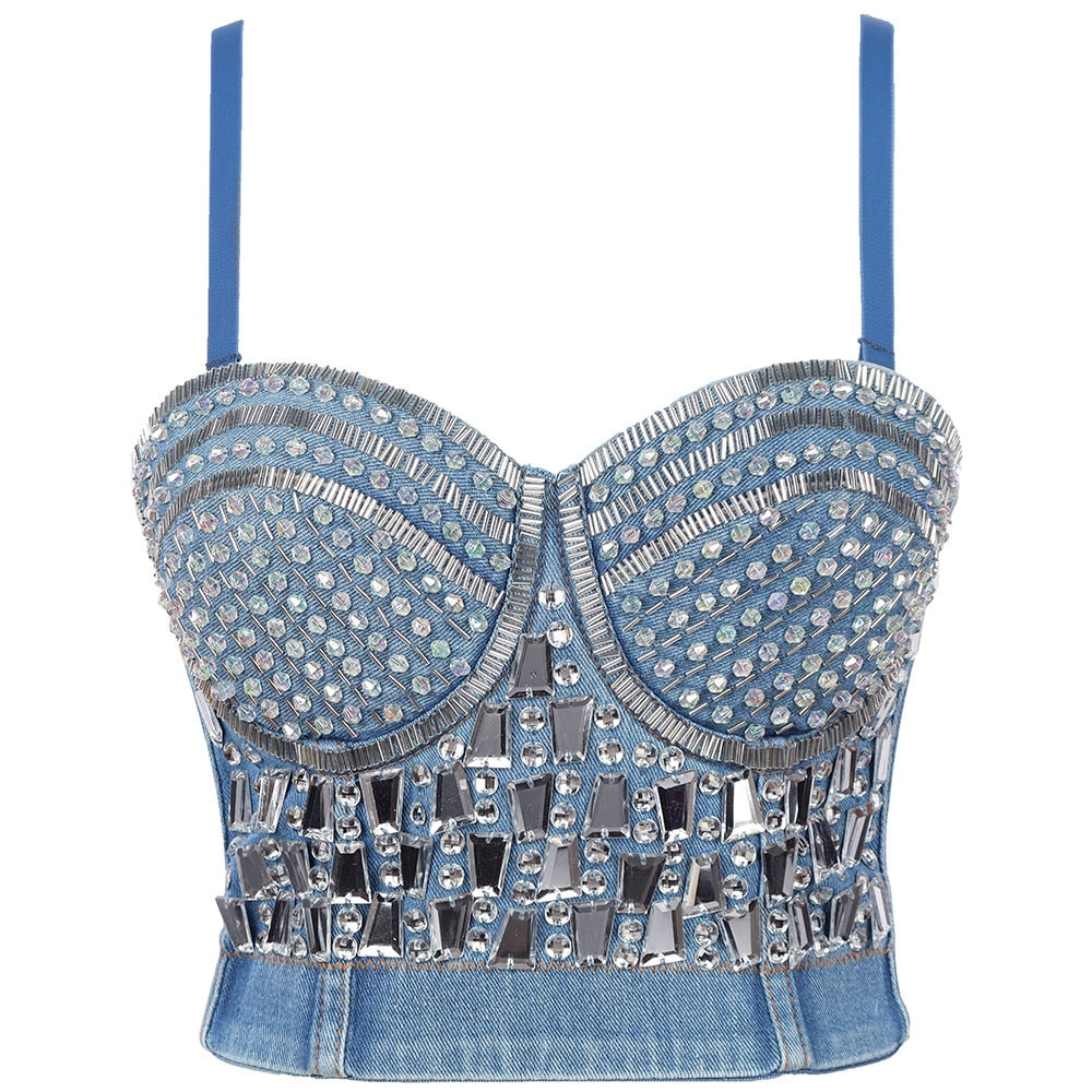 Luxury Rhinestone Denim Corset Fashion Outerwear Beaded Sculpting Camisole Elegant Crystal Diamond Women Underwear Vest