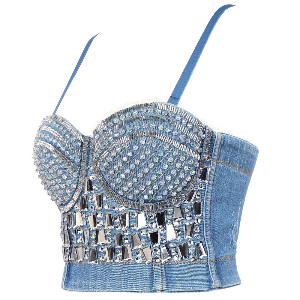 Luxury Rhinestone Denim Corset Fashion Outerwear Beaded Sculpting Camisole Elegant Crystal Diamond Women Underwear Vest
