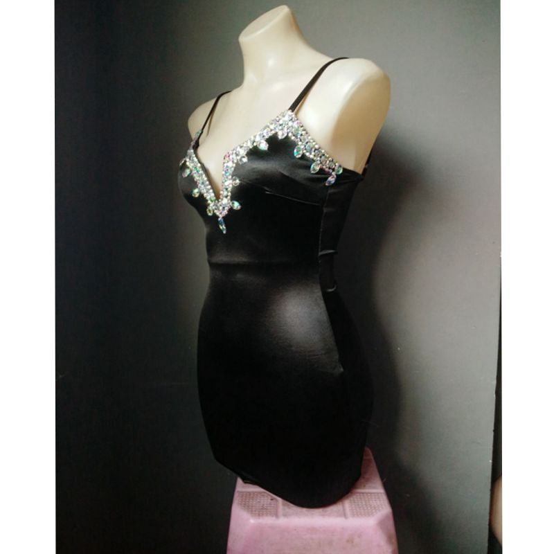 Luxury Rhinestone Dress Elegent Deep-V Party Dress Crystal Diamond Women Evening Dress