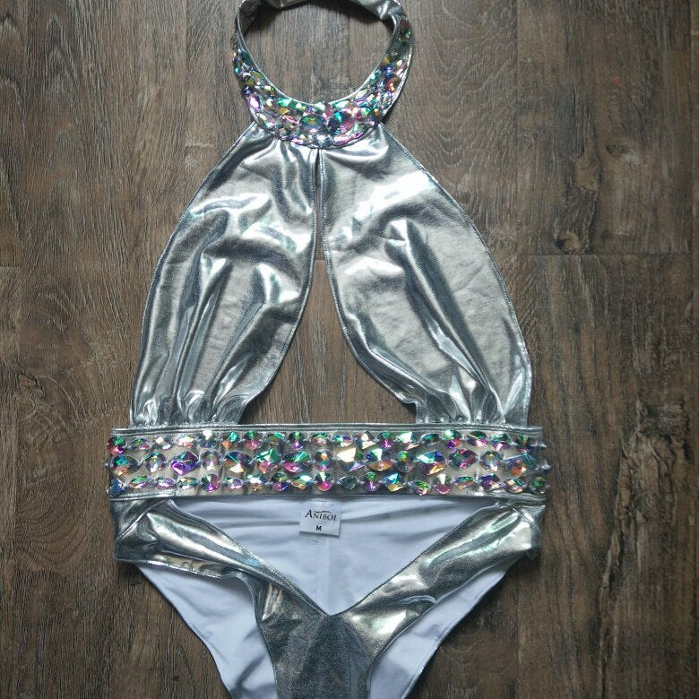 Luxury Rhinestone One Piece Women Swimsuit Gold Stamping Bathing Suit Crystal Diamond Swimwear Sexy Beach Wear Girls Silver