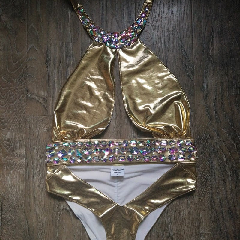 Luxury Rhinestone One Piece Women Swimsuit Gold Stamping Bathing Suit Crystal Diamond Swimwear Sexy Beach Wear Girls