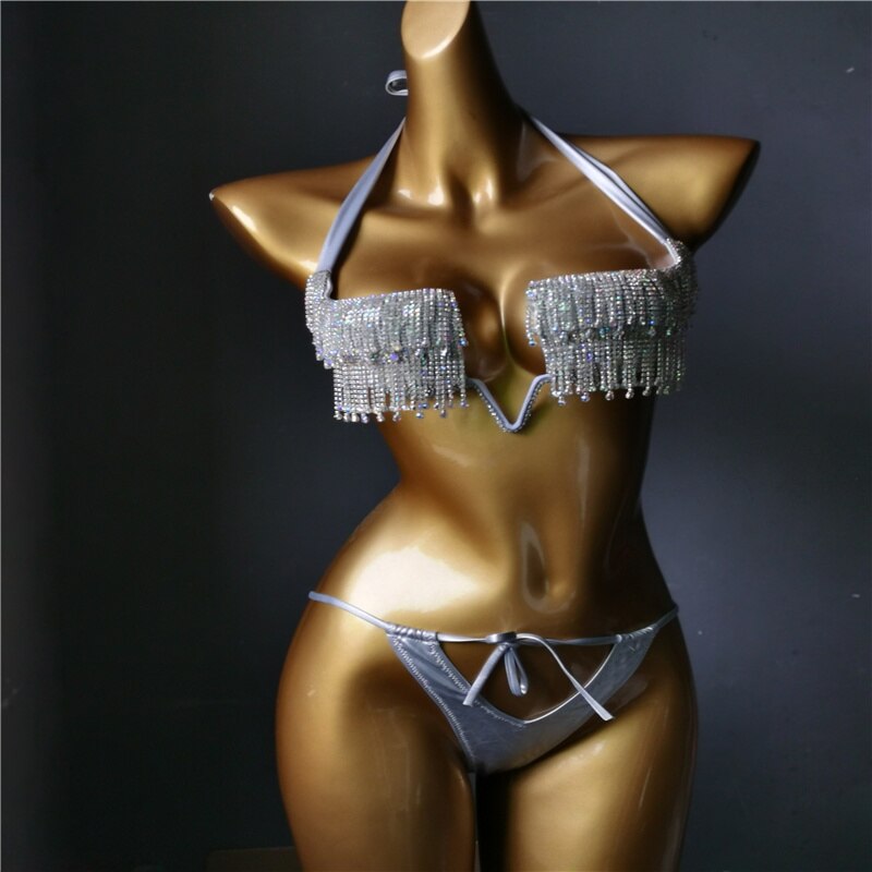 Luxury Rhinestone Push Up Women's Swimsuit Crystal Diamond Tassels Bikini Set Newest High-End Female Swimwear Silver