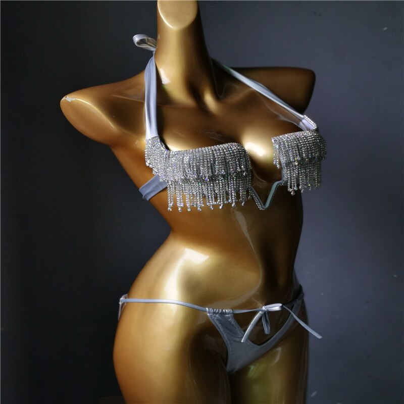 Luxury Rhinestone Push Up Women's Swimsuit Crystal Diamond Tassels Bikini Set Newest High-End Female Swimwear
