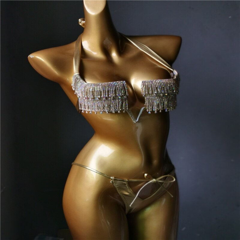 Luxury Rhinestone Push Up Women's Swimsuit Crystal Diamond Tassels Bikini Set Newest High-End Female Swimwear