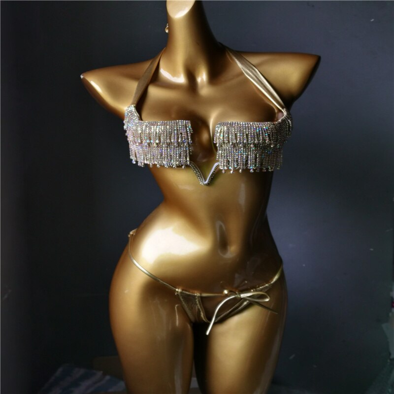 Luxury Rhinestone Push Up Women's Swimsuit Crystal Diamond Tassels Bikini Set Newest High-End Female Swimwear Gold