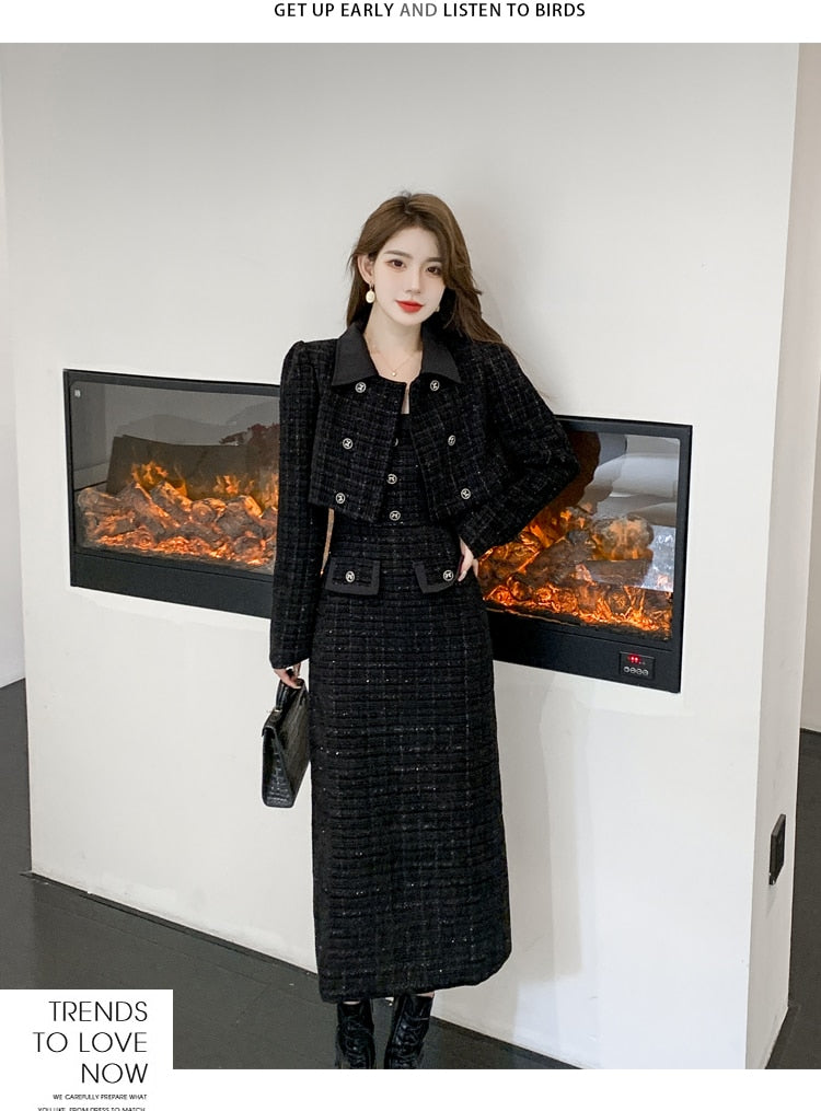 Luxury Tweed Two Piece Set Women Outfits Female Vintage Lapel Short Jacket Coat+Spaghetti Straps Dress Suit Fall Winter Woolen S