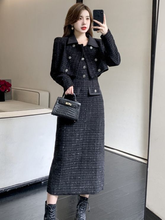 Luxury Tweed Two Piece Set Women Outfits Female Vintage Lapel Short Jacket Coat+Spaghetti Straps Dress Suit Fall Winter Woolen S