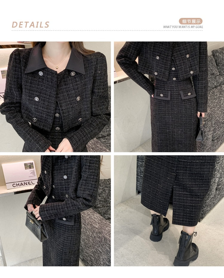 Luxury Tweed Two Piece Set Women Outfits Female Vintage Lapel Short Jacket Coat+Spaghetti Straps Dress Suit Fall Winter Woolen S