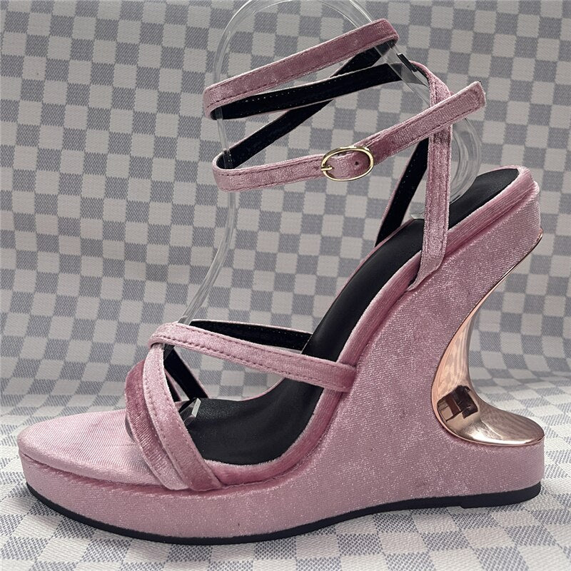 Luxury Velvet High Wedges Modern Sandals Women Sexy Narrow Band Ankle Strappy Fretwork Heel Platform Summer Shoes Pink