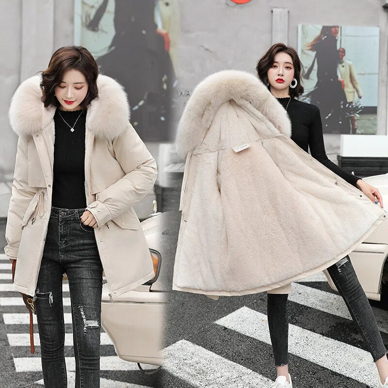 M-3XL Winter Women Parka 2024 Fashion Long Coat Wool Liner Hooded Parkas Slim Fur Collar Jacket Warm Snow Wear Padded Clothes Creamy-white