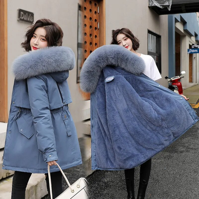 M-3XL Winter Women Parka 2024 Fashion Long Coat Wool Liner Hooded Parkas Slim Fur Collar Jacket Warm Snow Wear Padded Clothes haze blue
