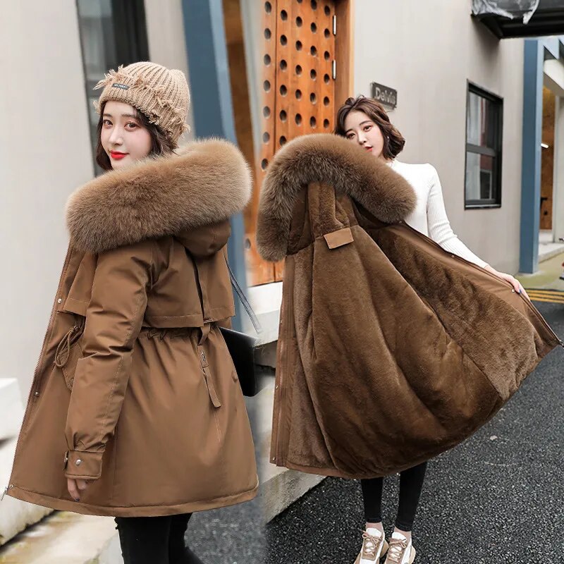 M-3XL Winter Women Parka 2024 Fashion Long Coat Wool Liner Hooded Parkas Slim Fur Collar Jacket Warm Snow Wear Padded Clothes Dark Brown