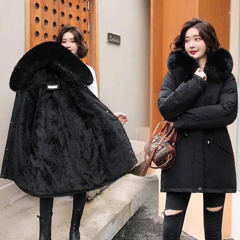 M-3XL Winter Women Parka 2024 Fashion Long Coat Wool Liner Hooded Parkas Slim Fur Collar Jacket Warm Snow Wear Padded Clothes Black