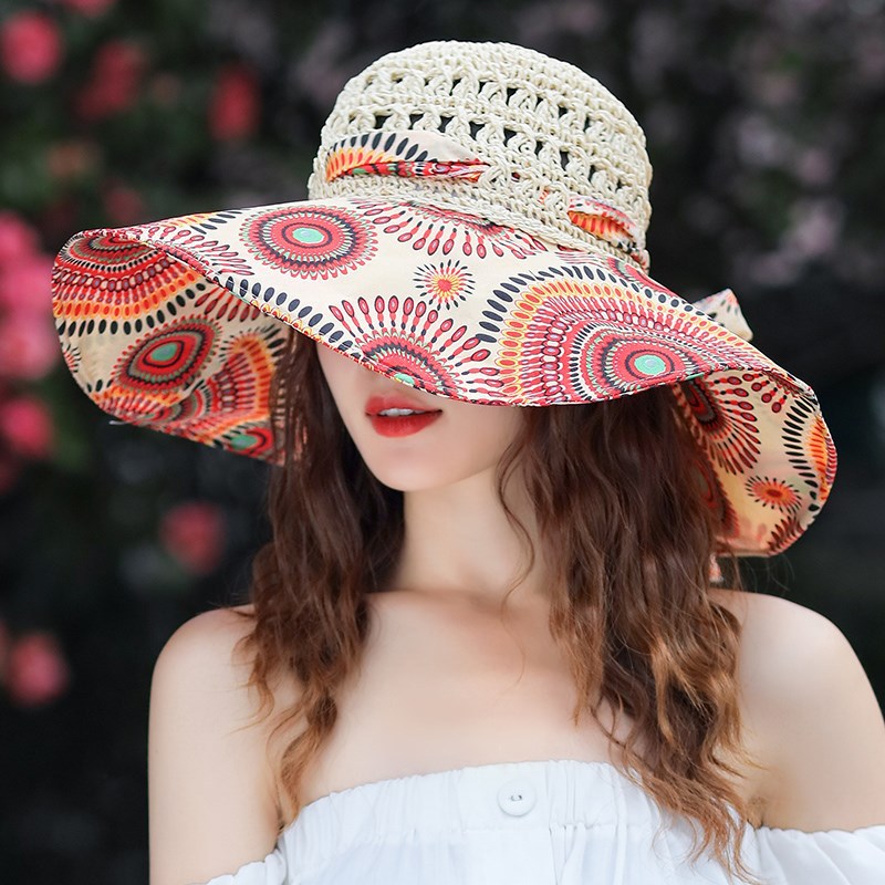 MAXSITI U Large brim sunscreen sun hat female Bohemian Beach Hat Tie Dyed breathable sunshade straw hat fisherman hat