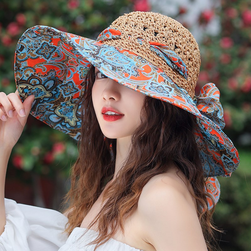 MAXSITI U Large brim sunscreen sun hat female Bohemian Beach Hat Tie Dyed breathable sunshade straw hat fisherman hat Orange