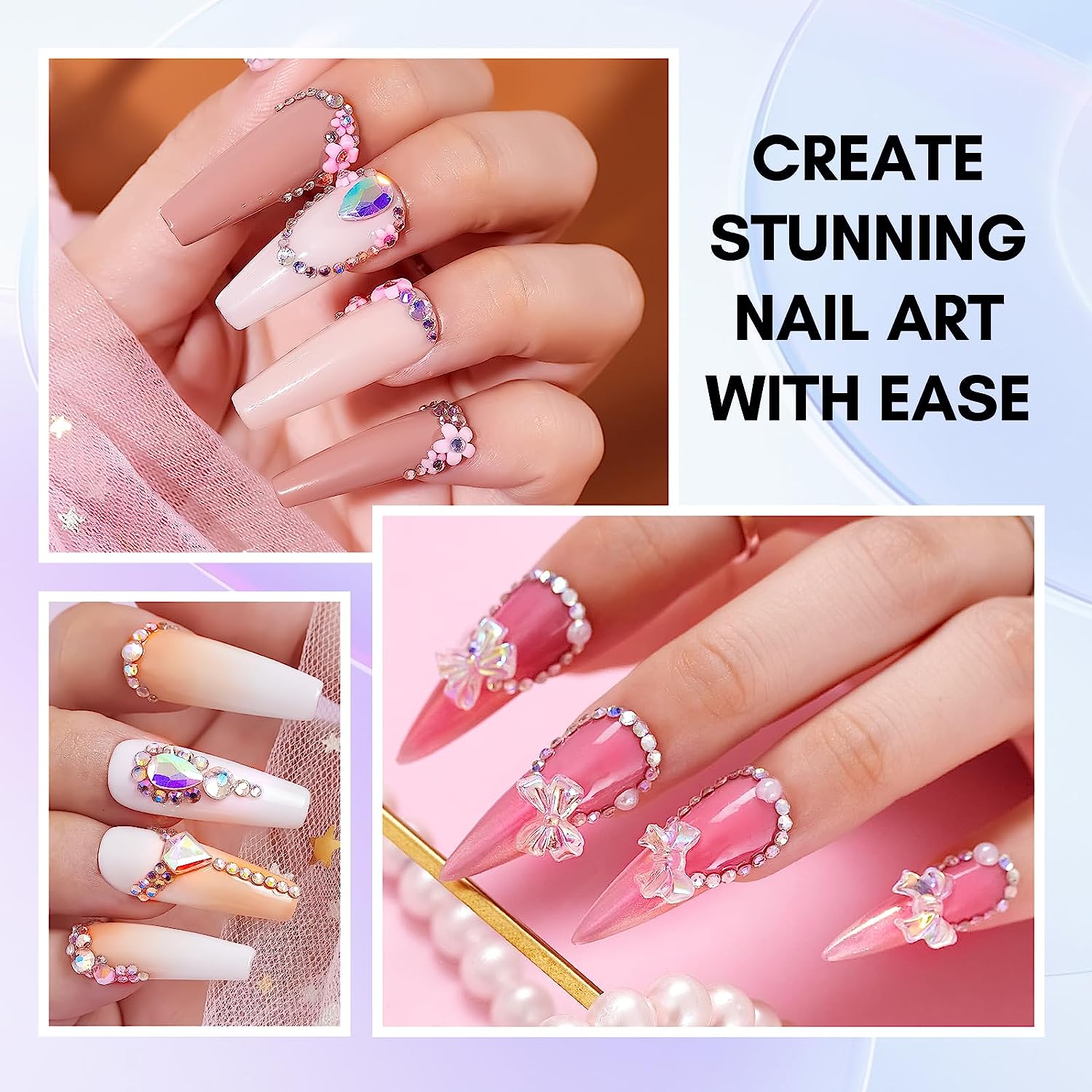 Makartt Nail Rhinestone Glue Kit, 15ml Gel Nail Glue with AB Rhinestone Crystals 3D Nail Art Butterflies Flowers Pearls