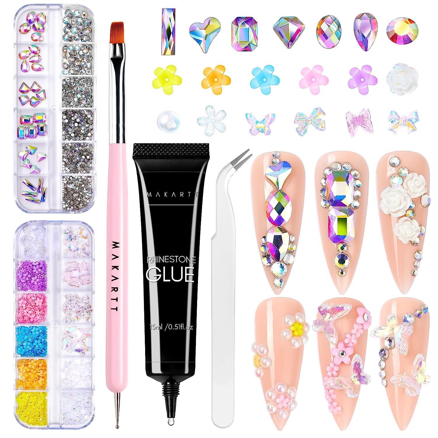 Makartt Nail Rhinestone Glue Kit, 15ml Gel Nail Glue with AB Rhinestone Crystals 3D Nail Art Butterflies Flowers Pearls AMAIO