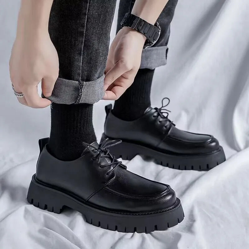 Male Leather Shoes Men 2023 New Chunky Platform Retro Work Shoes Spring Autumn Derby Shoes Highstreet Low Top Man Casual Flats black8