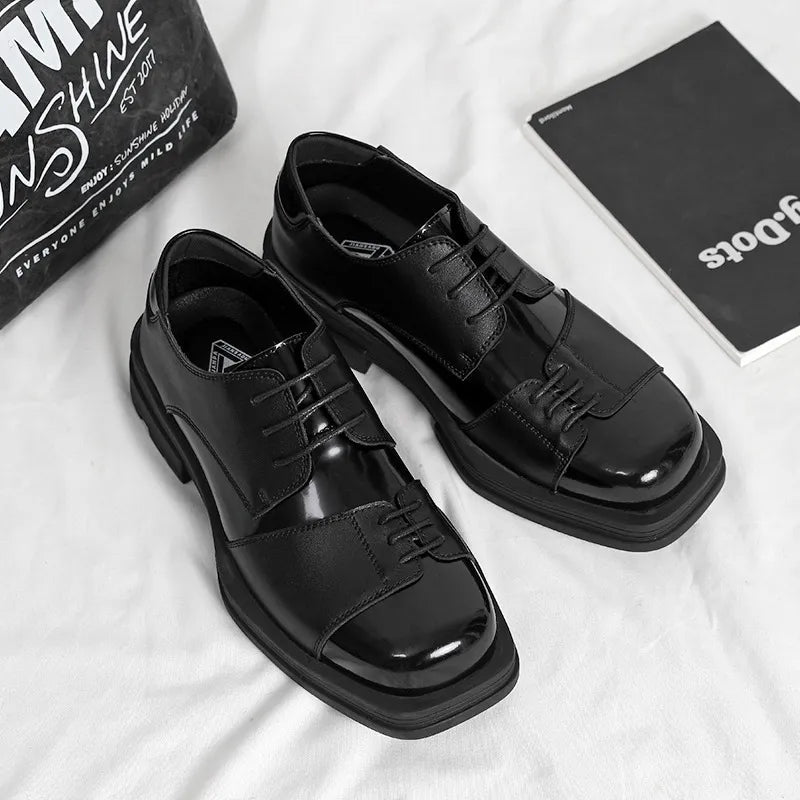 Male Leather Shoes Men 2023 New Chunky Platform Retro Work Shoes Spring Autumn Derby Shoes Highstreet Low Top Man Casual Flats black6