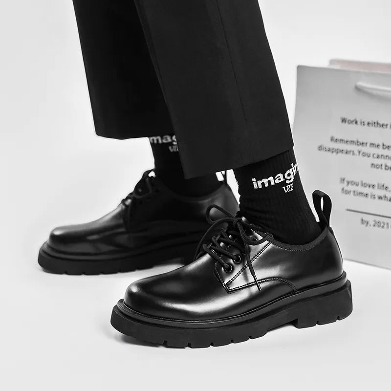 Male Leather Shoes Men 2023 New Chunky Platform Retro Work Shoes Spring Autumn Derby Shoes Highstreet Low Top Man Casual Flats black1