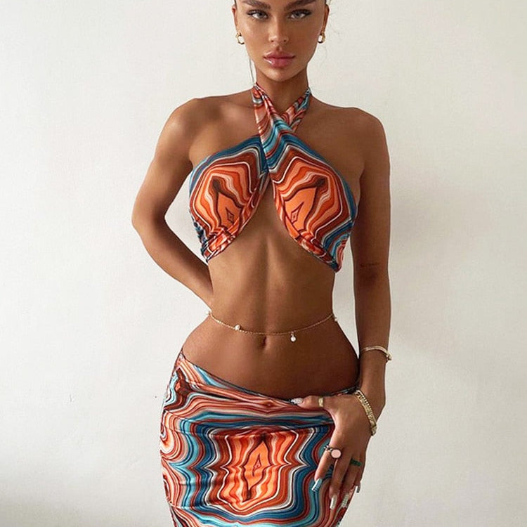 Marble Print Summer Beach Outfits For Women Halter Crop Top And Skirt Two Piece Set Sexy Vacation Outfits Bodycon Midi Skirt AMAIO