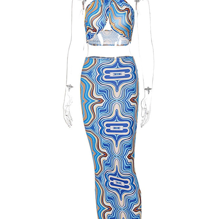 Marble Print Summer Beach Outfits For Women Halter Crop Top And Skirt Two Piece Set Sexy Vacation Outfits Bodycon Midi Skirt