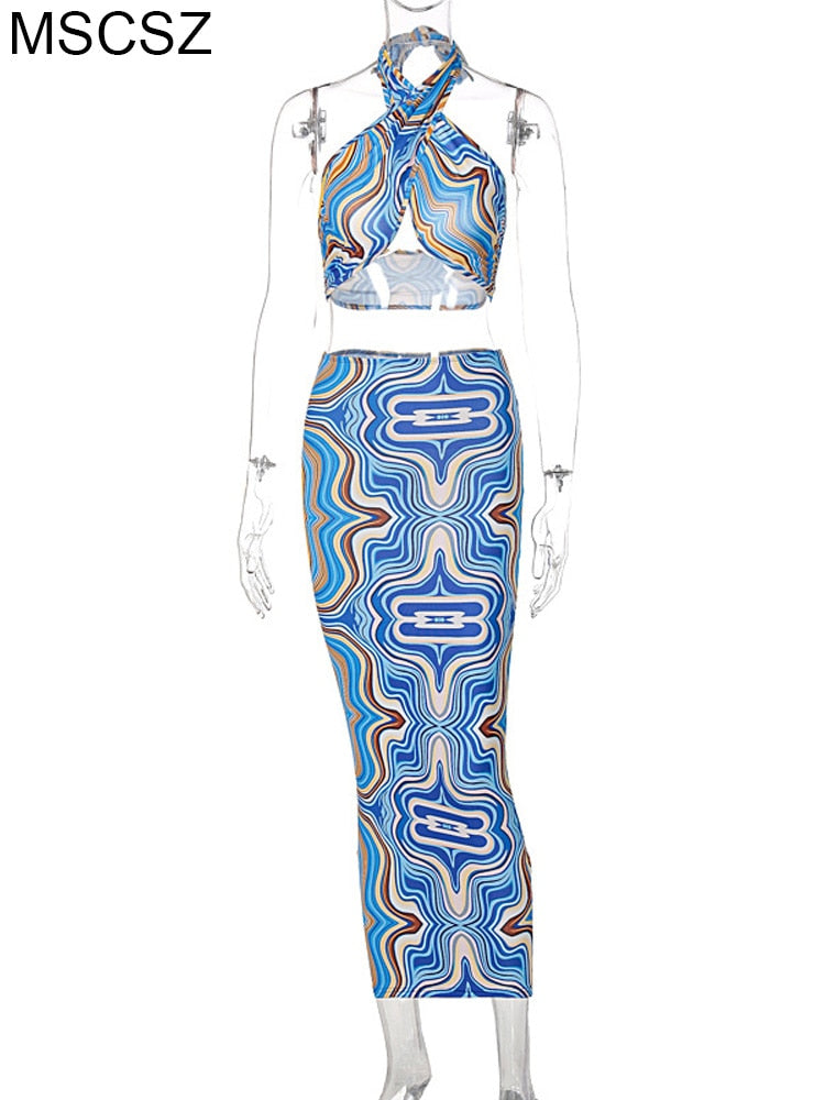 Marble Print Summer Beach Outfits For Women Halter Crop Top And Skirt Two Piece Set Sexy Vacation Outfits Bodycon Midi Skirt