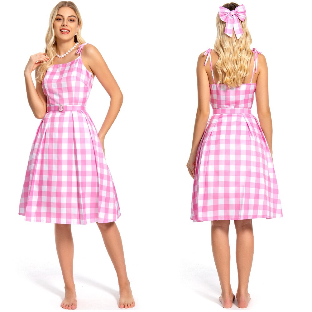 Margot Cosplay Kawaii Pink Plaid Dress Women Costume 2024 Movie Barbei Roleplay Fantasia Halloween Party Clothes For Disguise