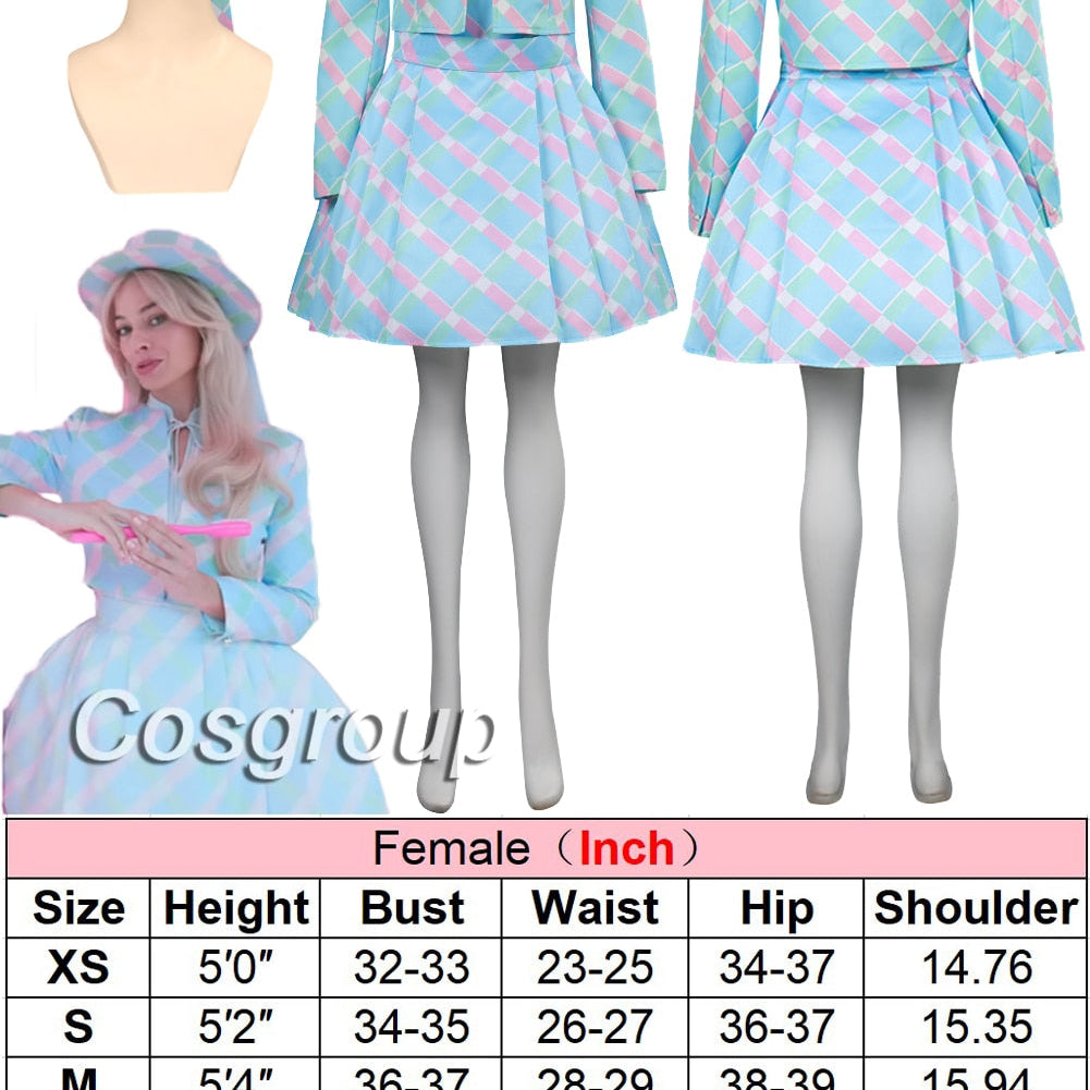 Margot Cosplay Kawaii Pink Plaid Dress Women Costume 2024 Movie Barbei Roleplay Fantasia Halloween Party Clothes For Disguise Style F