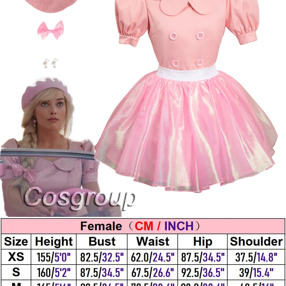 Margot Cosplay Kawaii Pink Plaid Dress Women Costume 2024 Movie Barbei Roleplay Fantasia Halloween Party Clothes For Disguise Style Q