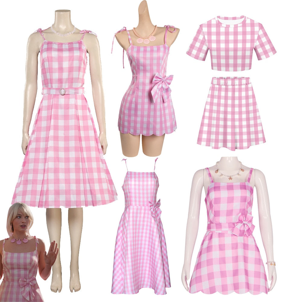 Margot Cosplay Pink Plaid Dress Up Hat Women Costume 2024 Movie Roleplay Fantasia Halloween Party Clothes For Disguise AMAIO