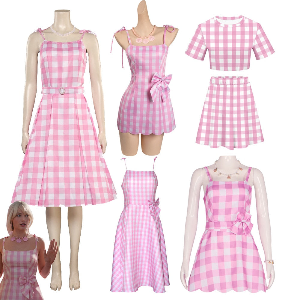 Margot Cosplay Pink Plaid Dress Up Hat Women Costume 2024 Movie Roleplay Fantasia Halloween Party Clothes For Disguise
